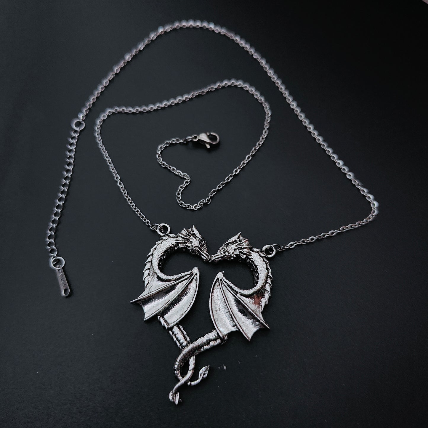 Silver Twin Dragon Heart pendant and chain
