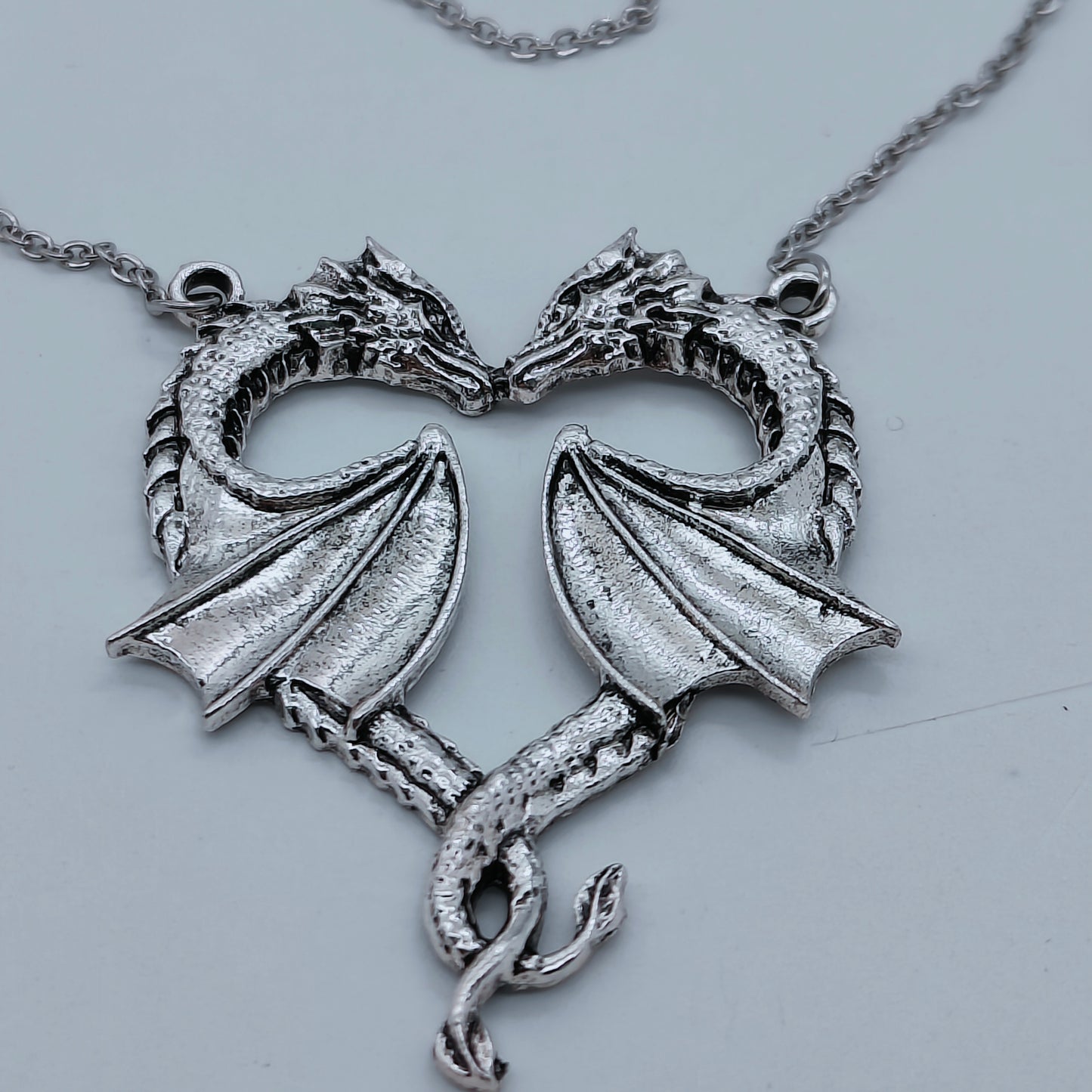Silver Twin Dragon Heart pendant and chain