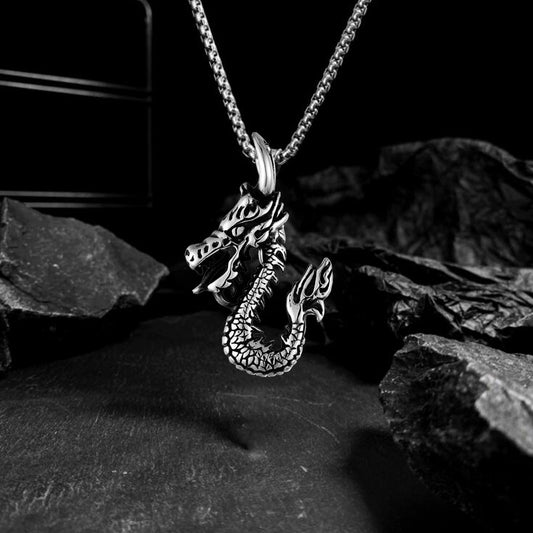 Chinese Style Silver Steel Alloy Dragon Pendant Necklace