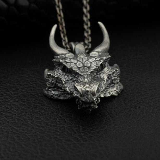 Antique Silver Alloy Mythical Dragon Head Pendant Necklace