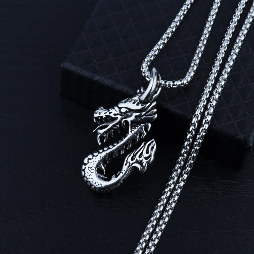 Chinese Style Silver Steel Alloy Dragon Pendant Necklace