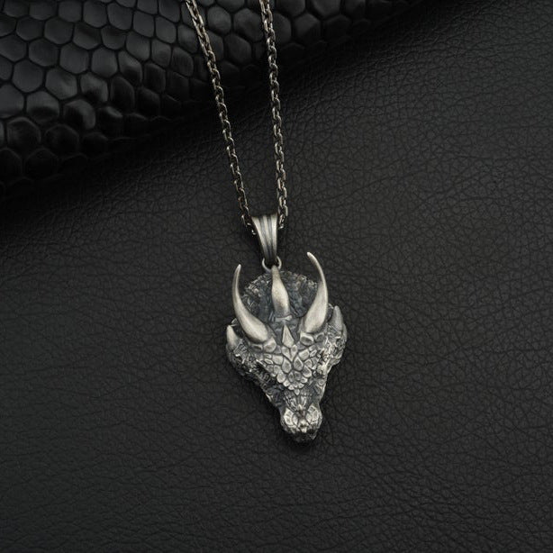 Antique Silver Alloy Mythical Dragon Head Pendant Necklace