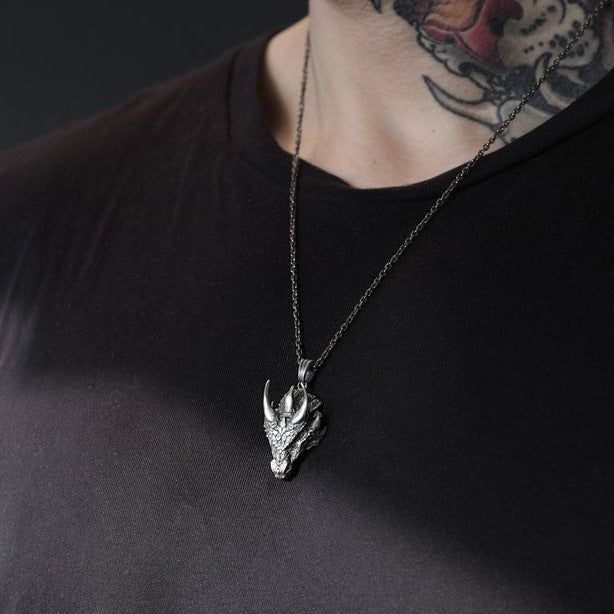 Antique Silver Alloy Mythical Dragon Head Pendant Necklace