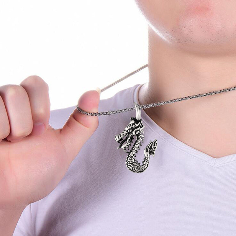 Chinese Style Silver Steel Alloy Dragon Pendant Necklace
