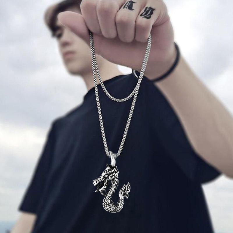 Chinese Style Silver Steel Alloy Dragon Pendant Necklace