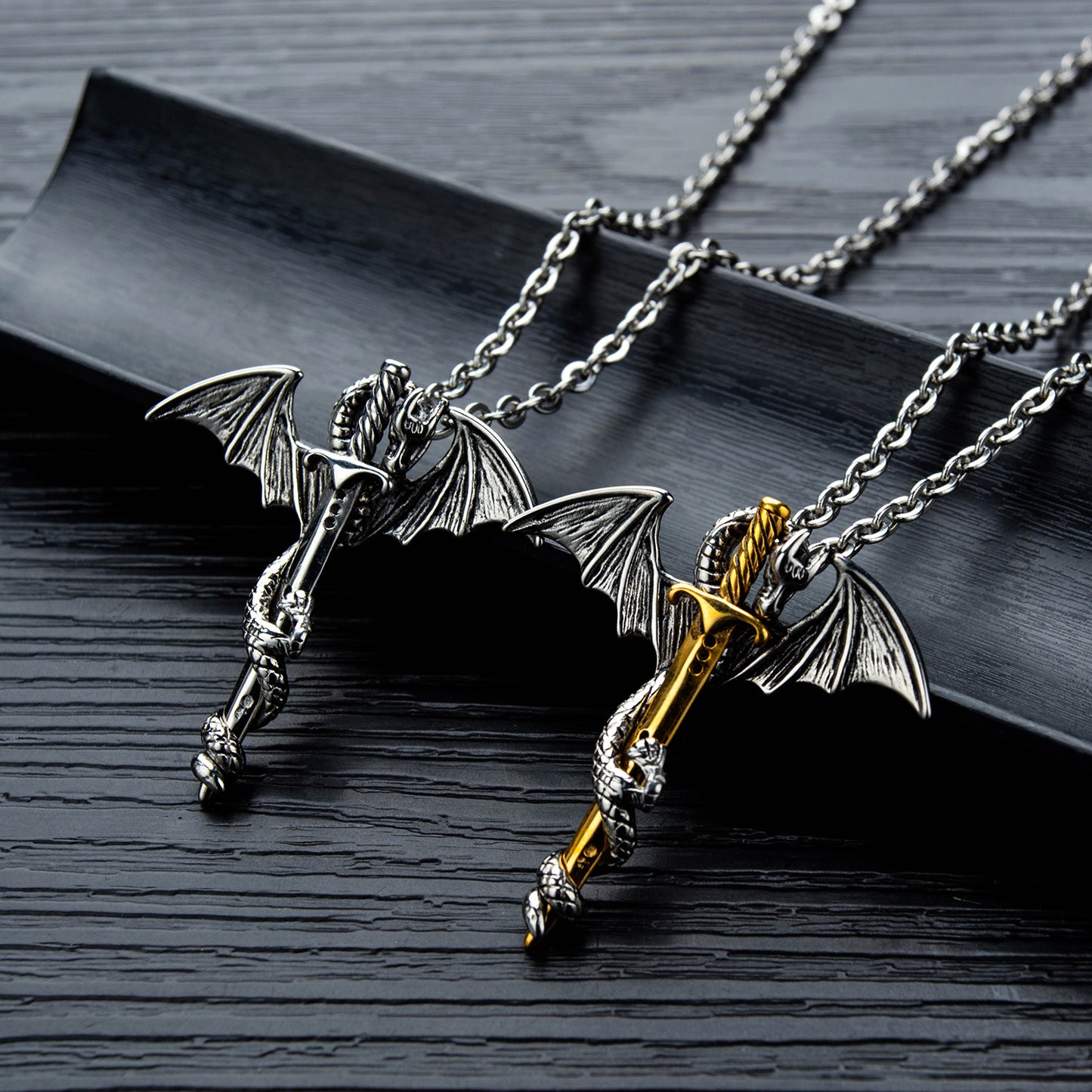 Stainless Steel Dragon Cross with Sword Pendant and Chain