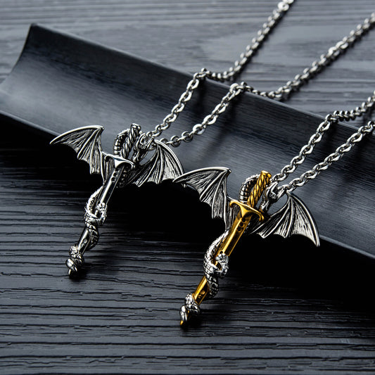 Stainless Steel Dragon Cross with Sword Pendant and Chain