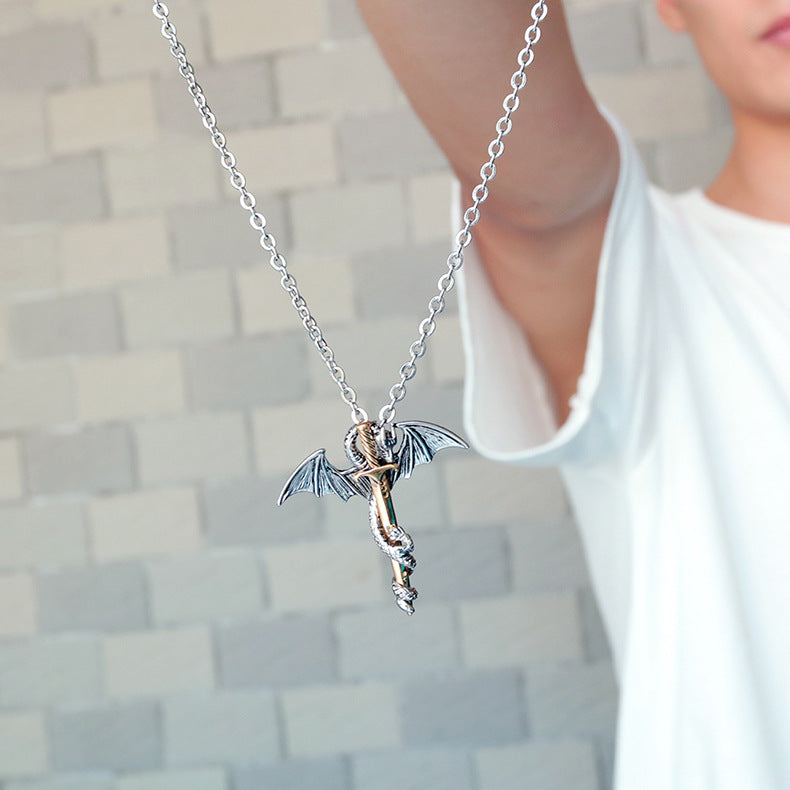 Stainless Steel Dragon Cross with Sword Pendant and Chain