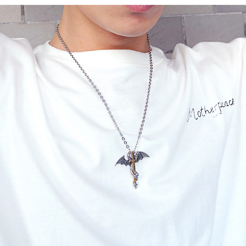 Stainless Steel Dragon Cross with Sword Pendant and Chain