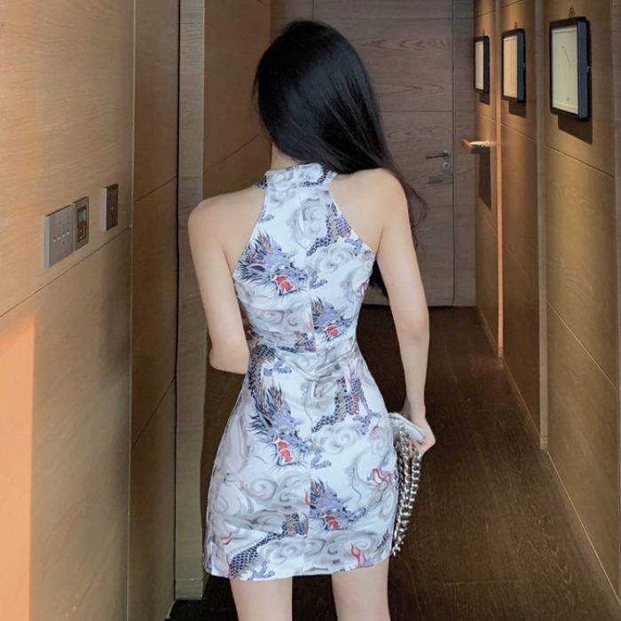 White Dress Multi Coloured Chinese Dragon Print
