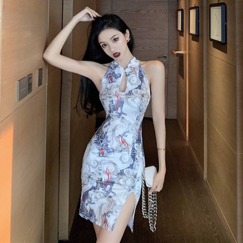 White Dress Multi Coloured Chinese Dragon Print White Dress Multi Coloured Chinese Dragon Print