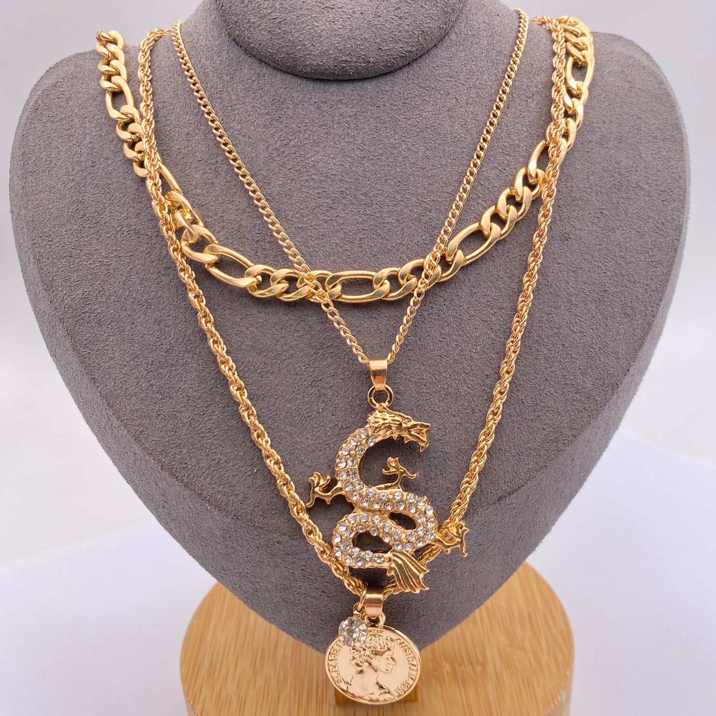 3 piece dragon and coin pendants and chains