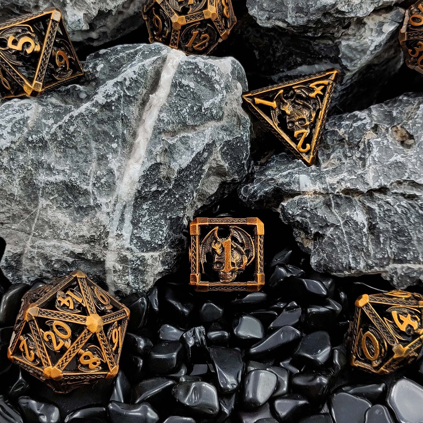 Dragon Skull Metal Dice Set – Bronze Highlights