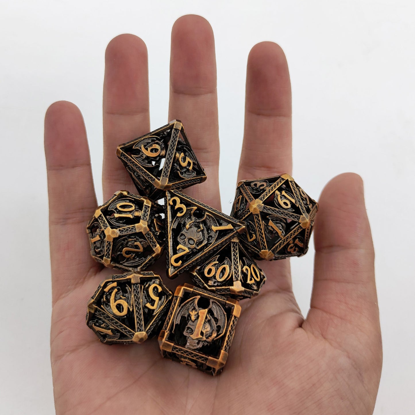 Dragon Skull Metal Dice Set – Bronze Highlights