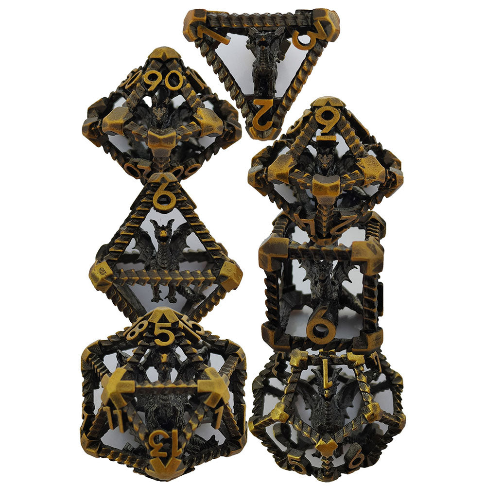 Caged Dragon Metal Dice Set – Brass Highlights