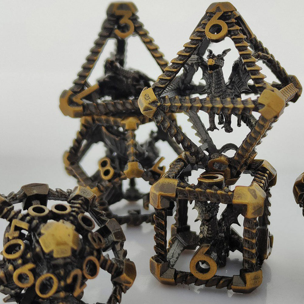 Caged Dragon Metal Dice Set – Brass Highlights