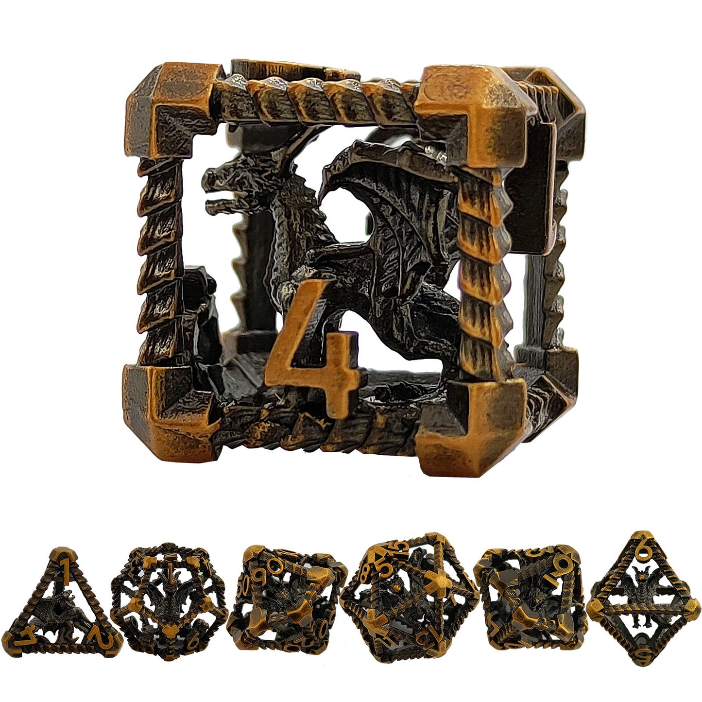 Caged Dragon Metal Dice Set – Brass Highlights