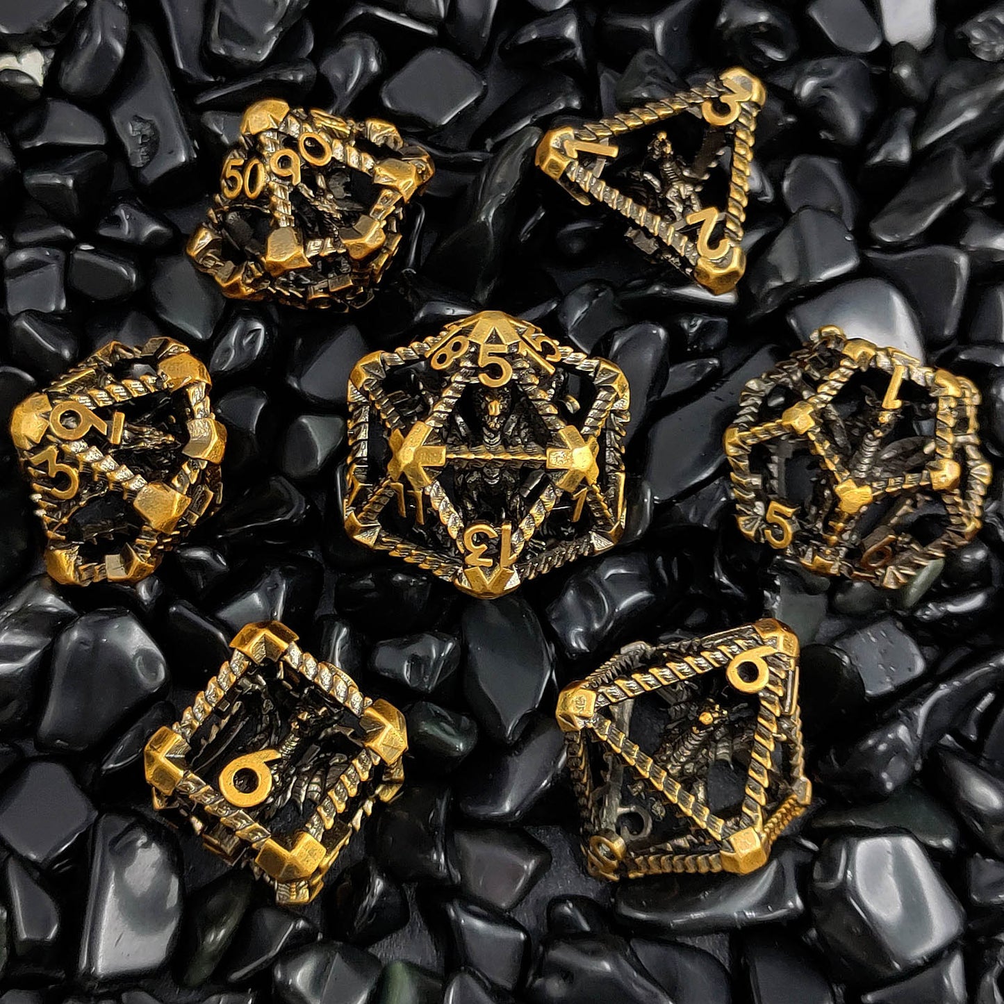Caged Dragon Metal Dice Set – Brass Highlights