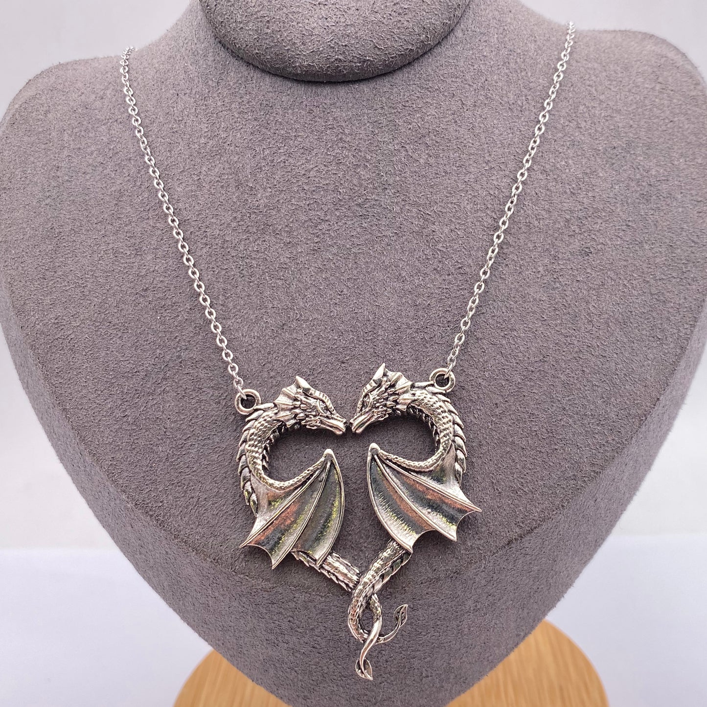 Silver Twin Dragon Heart pendant and chain