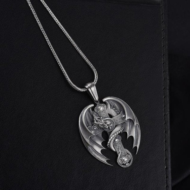 Vintage Alloy Dragon Skull Cross Pendant