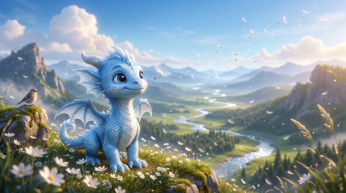 Aeris the Air Dragonling watching silver seeds drift above a mountain meadow overlooking the valleys of DragonZone