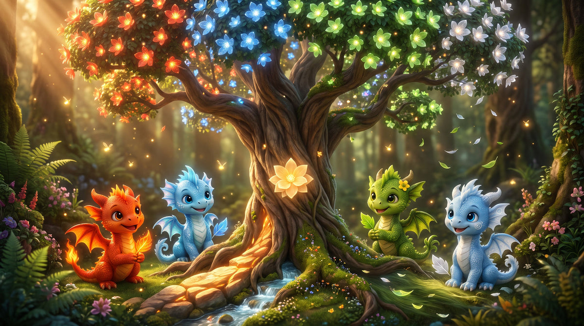 Emberlyn, Nymira, Thistle and Aeris gathered beneath the magical Wishing Tree, surrounded by glowing red, blue, green and silver blossoms in an enchanted DragonZone forest.