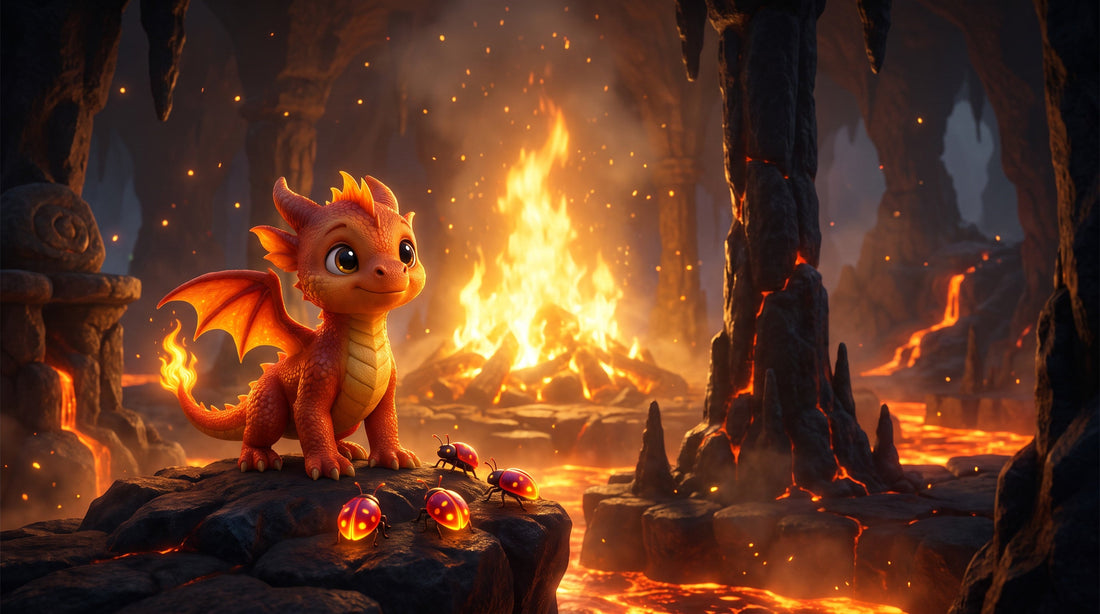 Emberlyn the Fire Dragonling beside glowing fire beetles as the Hearth of Flames burns beneath Emberpeak Mountains