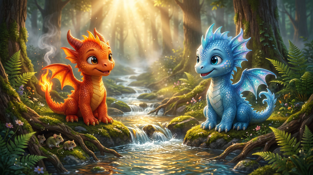 Emberlyn and Nymira together beside the restored stream as sunlight breaks through the mist in DragonZone