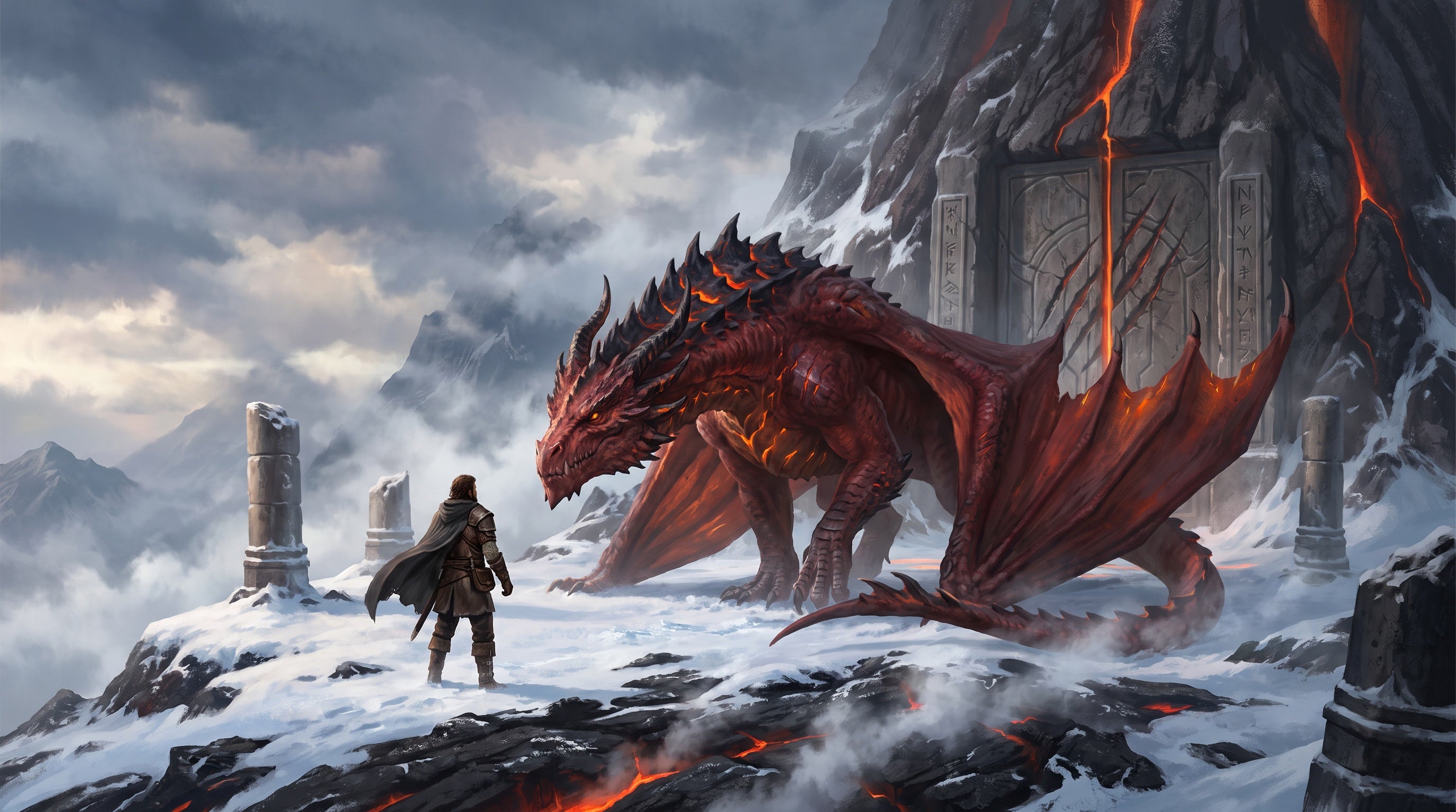 Ancient red dragon guarding the Ember Vault as Kael reaches the snow-covered summit of Ember Peak