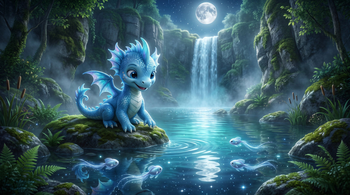 Nymira the Water Dragonling beside the moonlit pool with glowing moonfish and a waterfall beneath the full moon
