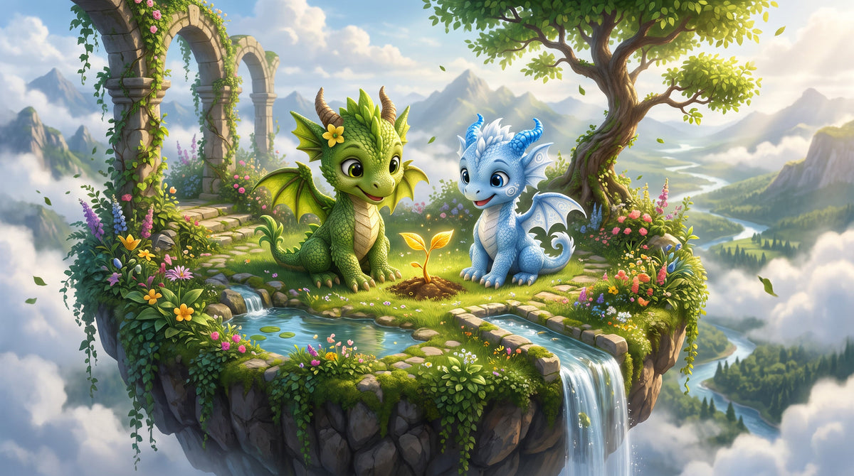 Thistle the Earth Dragonling and Aeris the Air Dragonling admiring a golden seedling in a magical floating garden above the clouds in DragonZone