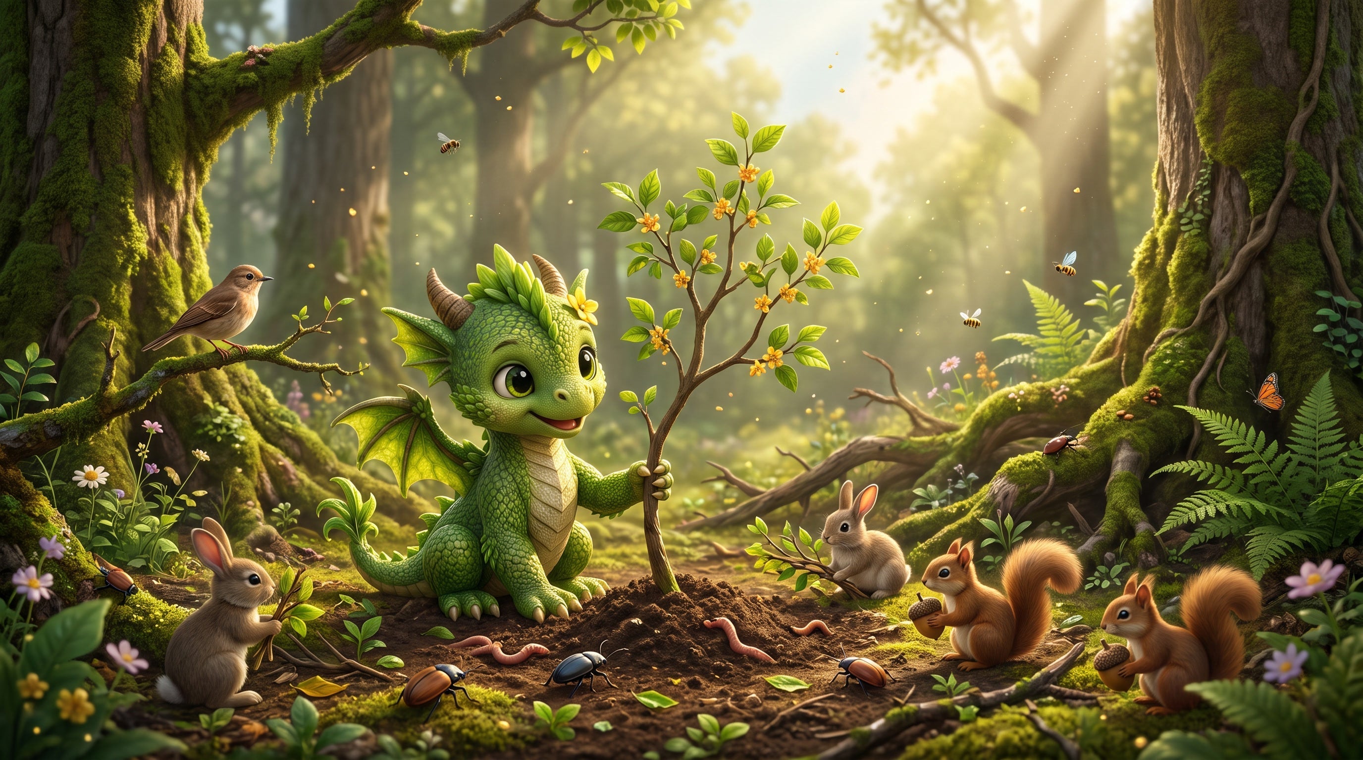 Thistle the Earth Dragonling tending a young flowering tree with woodland animals, birds and insects in a forest clearing