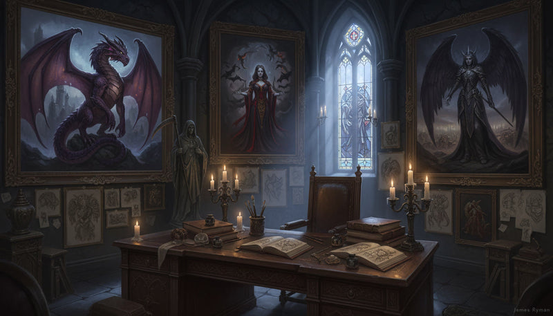 Gothic fantasy artist studio featuring dark fantasy dragon and vampire artwork inspired by James Ryman