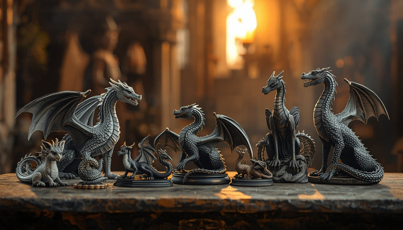 A curated lineup of detailed dragon figurines and fantasy dragon statues displayed on a stone table under warm torchlight.