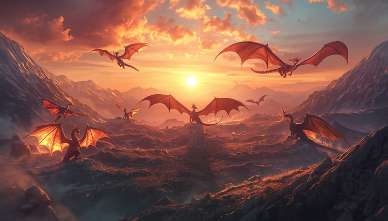 A wide mountain valley at sunset filled with multiple flying and standing fantasy dragons across a glowing landscape.