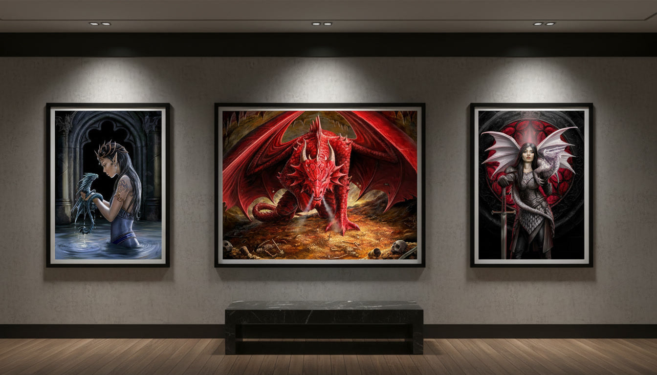 Anne Stokes fantasy dragon artwork displayed in a premium gallery-style interior with spotlight lighting.