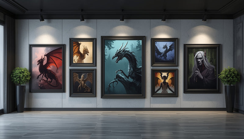 Curated gallery wall featuring framed fantasy dragon and gothic artworks in a premium modern interior setting.