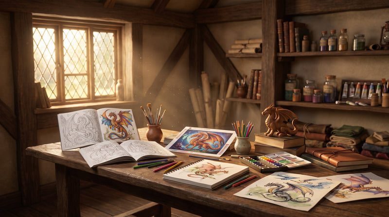 Fantasy arts and crafts workspace featuring dragon colouring books, diamond art and creative supplies in a magical studio.
