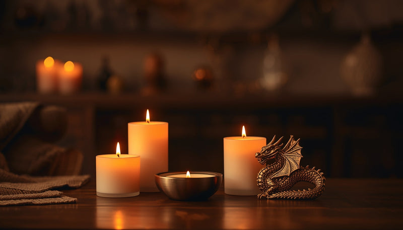 Dragon-themed candles and decorative holder glowing on a wooden table in warm ambient lighting.