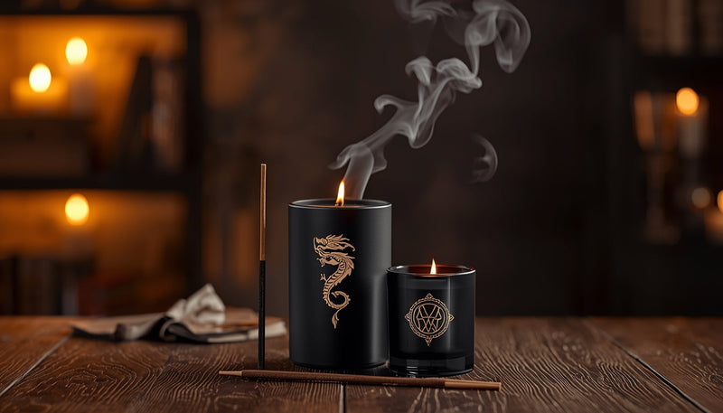 Dragon-themed candles glowing on a wooden table with incense smoke rising in warm ambient lighting.