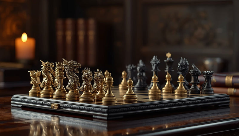 Dragon-themed luxury chess set in mid-game position on a dark wooden table under warm ambient lighting.