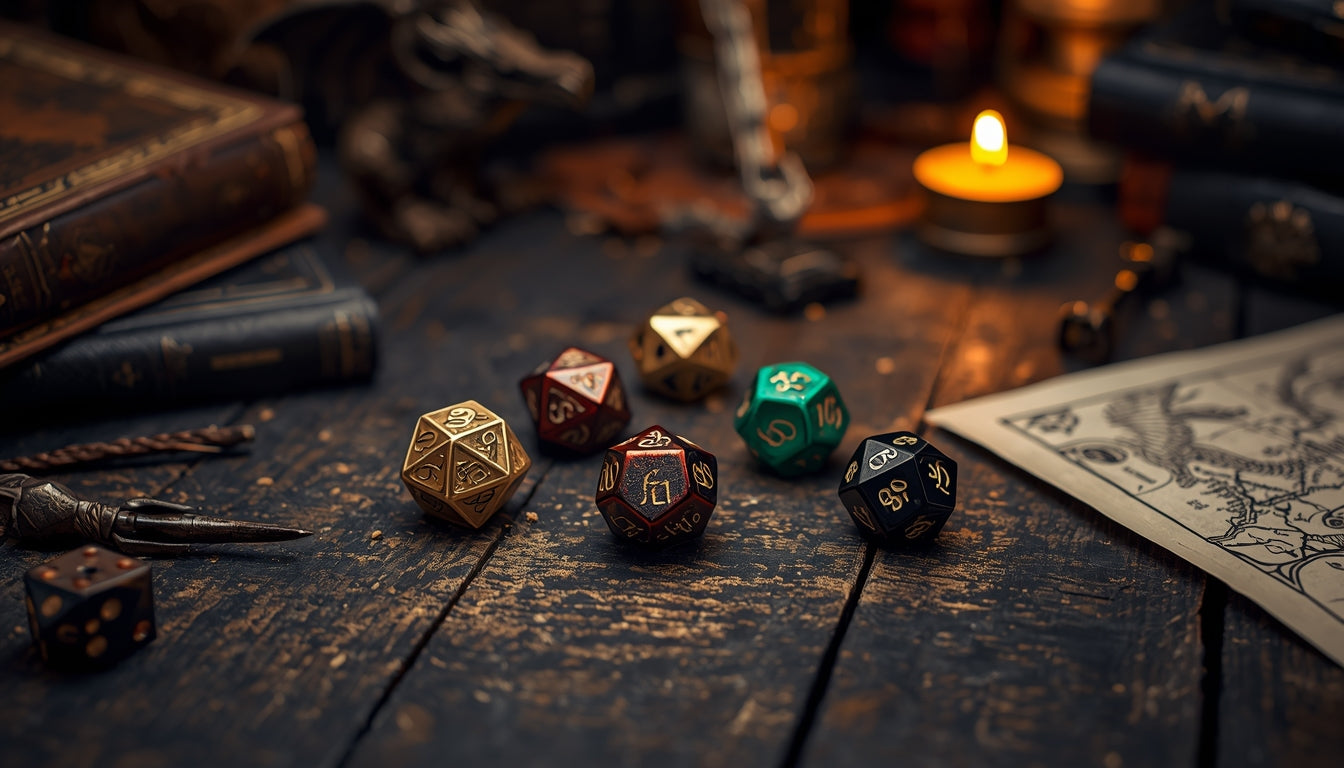 Dragon-themed polyhedral RPG dice displayed on a dark wooden tabletop with subtle fantasy props and warm candlelight.