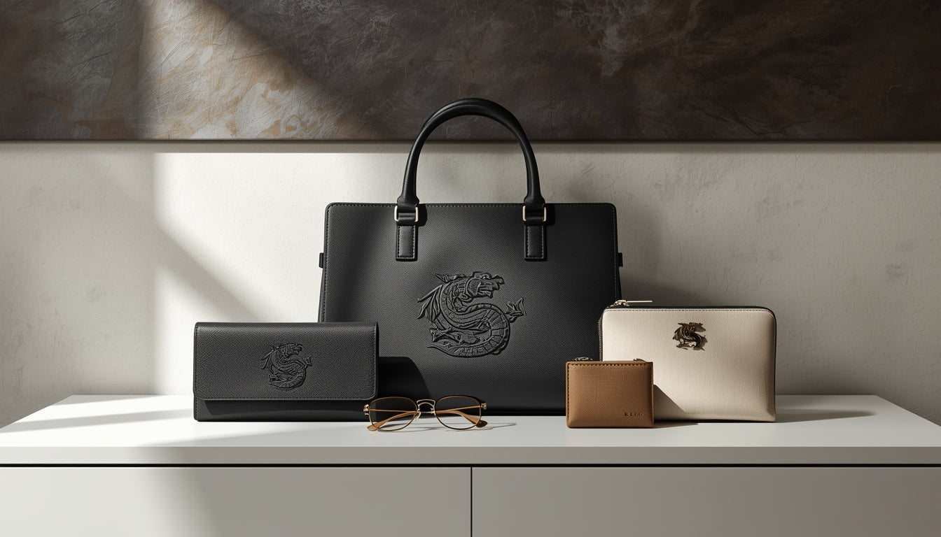 Dragon-embossed leather handbag with matching wallet and eyeglass case displayed on a modern console.