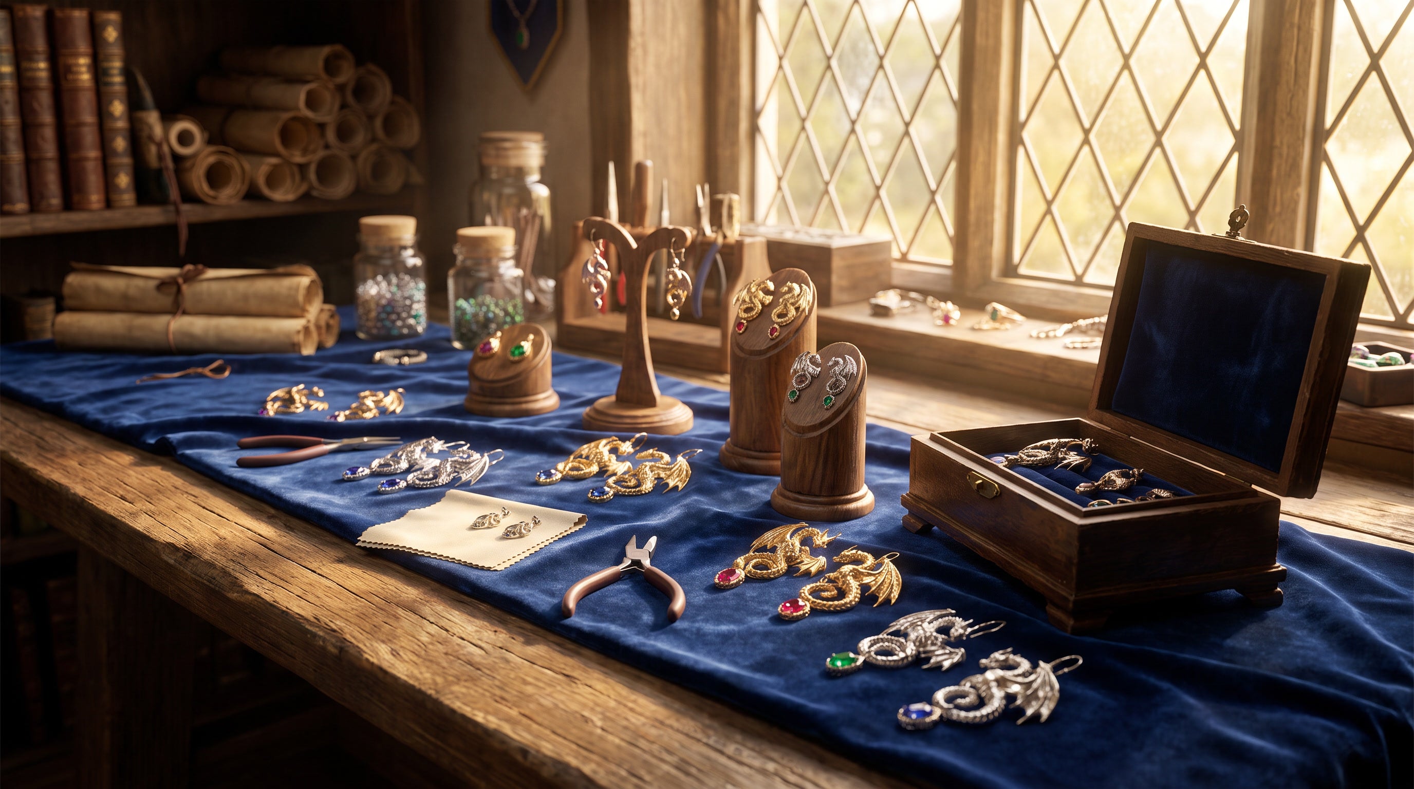 Elegant collection of dragon earrings displayed on a handcrafted timber jeweller's bench with fantasy-inspired details.