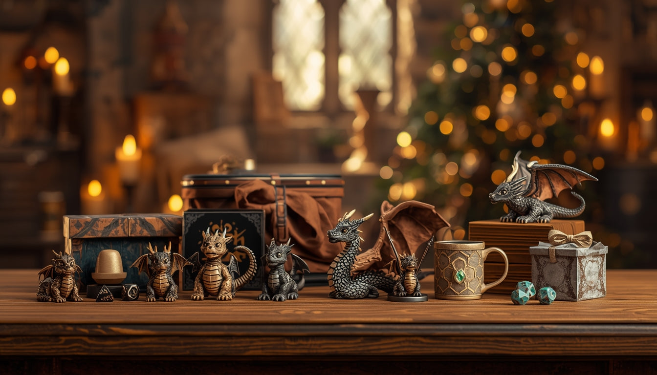 A display of dragon-themed gifts including figurines, dice, mugs and gift boxes arranged on a wooden table under warm candlelight.