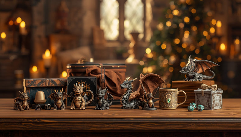 A display of dragon-themed gifts including figurines, dice, mugs and gift boxes arranged on a wooden table under warm candlelight.