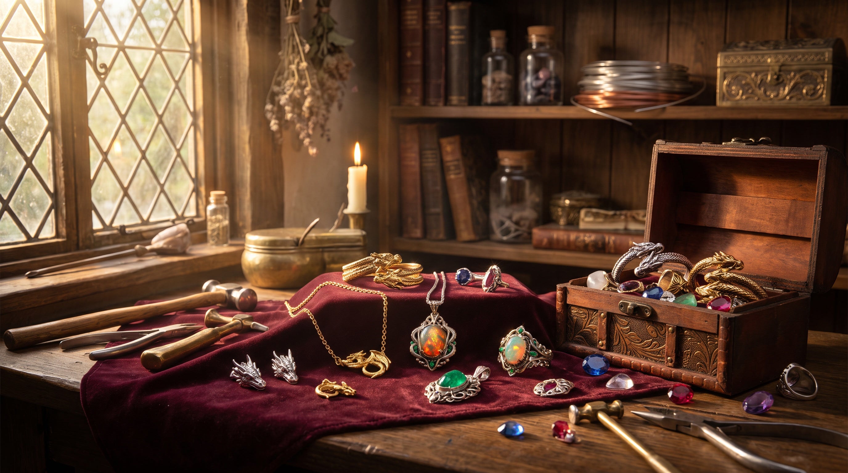 Handcrafted dragon jewellery including necklaces, earrings and gemstone pendants displayed on a timber jeweller's workbench in a fantasy artisan studio.