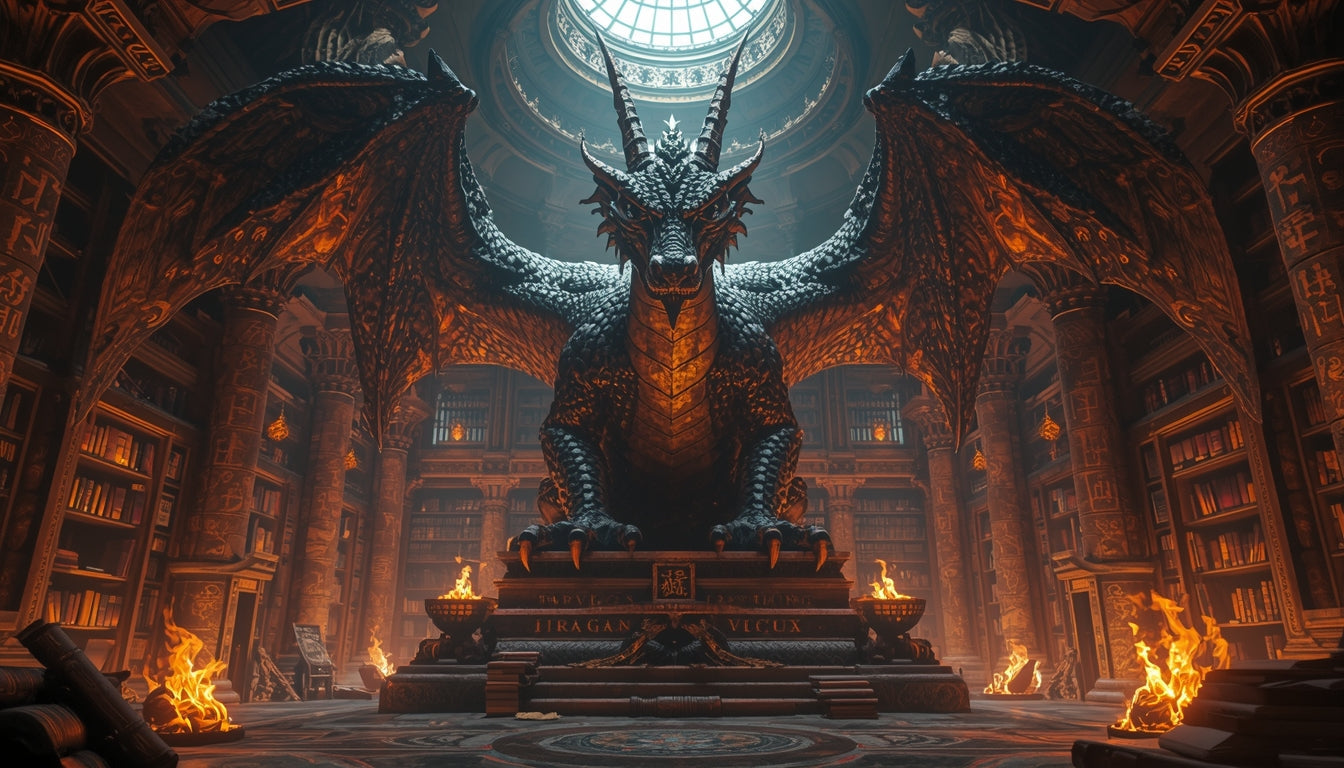 ancient dragon lore library with massive dragon statue surrounded by books and firelight
