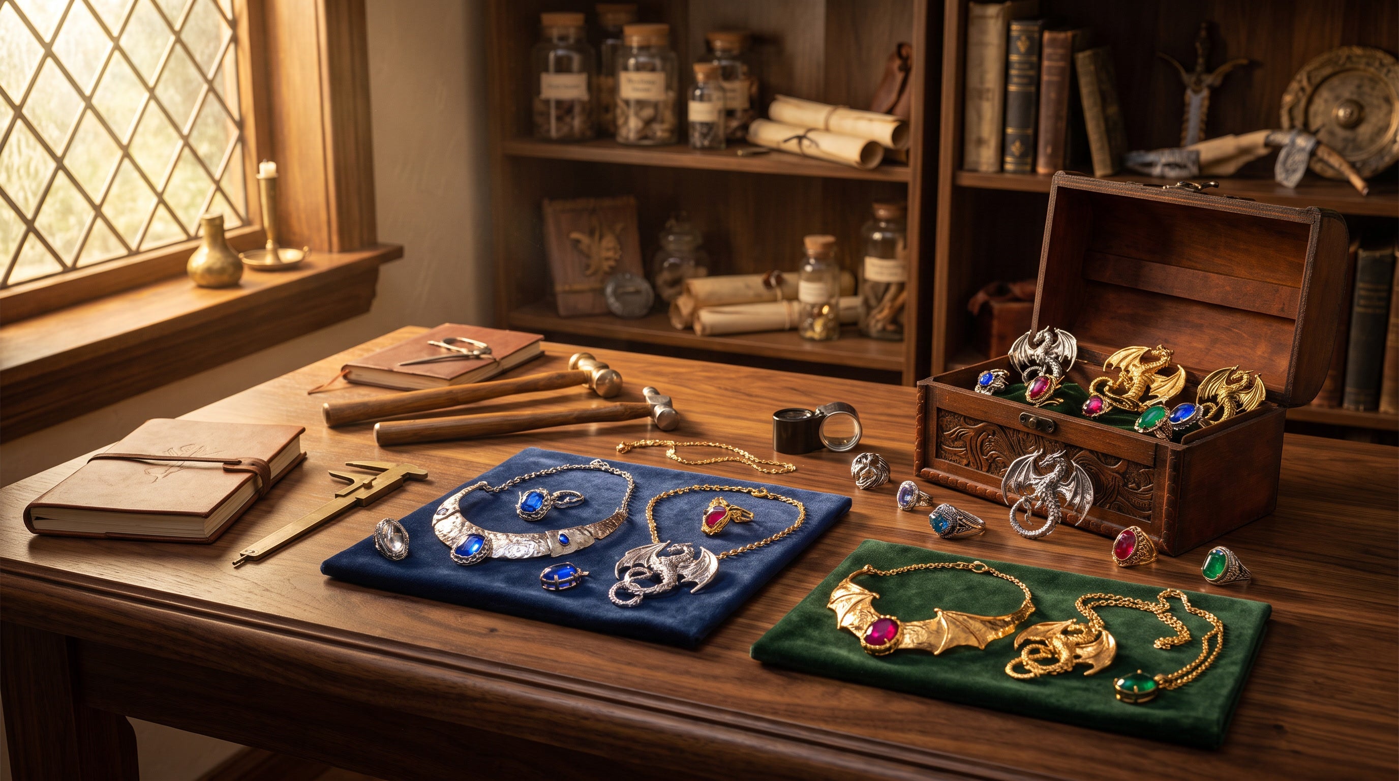 Luxury display of dragon necklaces and fantasy pendants arranged on a timber jeweller's workbench.