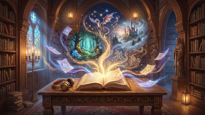 Enchanted fantasy library with a glowing storybook, flying dragon, magical forest, distant castle and headphones representing DragonZone digital downloads.